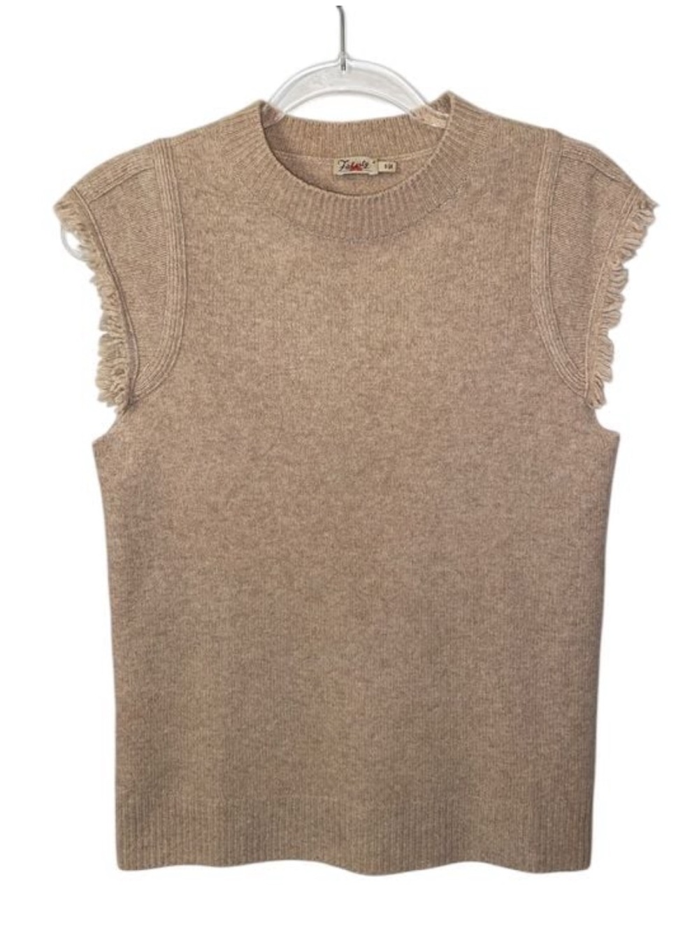 Faherty Colette Beige Tan Merino Wool Yak Fringe Sleeve Knit Sweater Top
